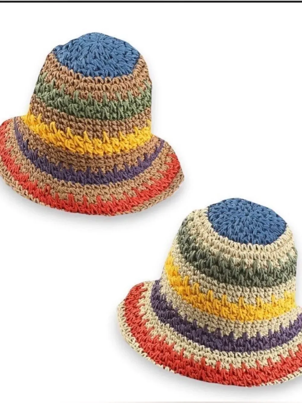 Crochet Straw Bucket Hat Colorful Striped Wide Brim Beach Sun Hat Packable NWT